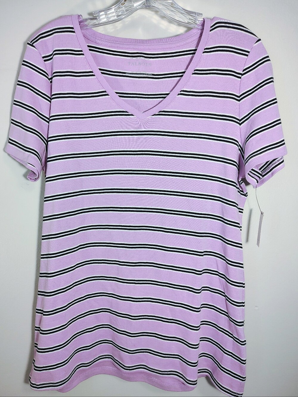 NWT Talbots Lavender & Black Striped V-Neck Tee Shirt L / Large